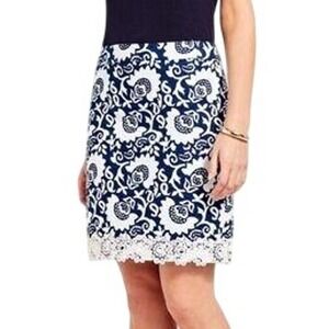 NWT Talbots Women's Navy‎ White Print Eyelet Hem Cotton Blend Skirt Size 10